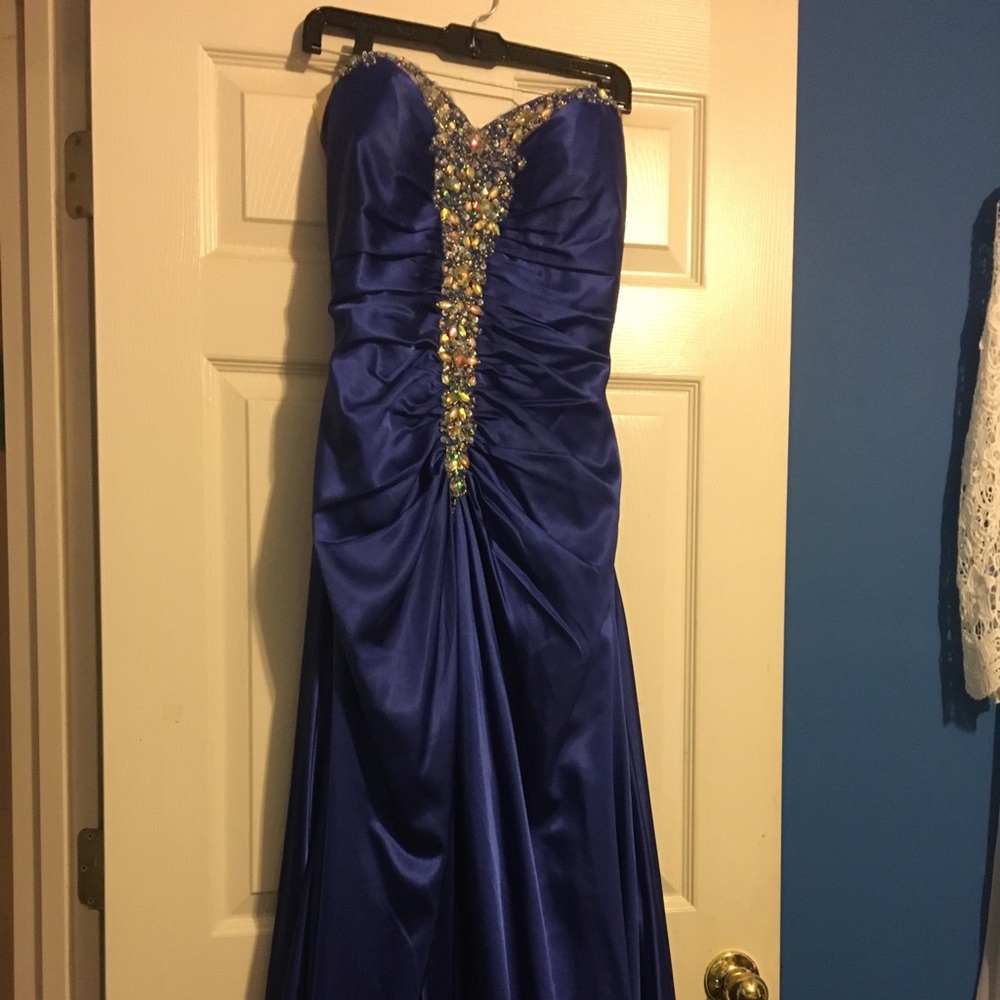 Long dark blue and silver detailed dress